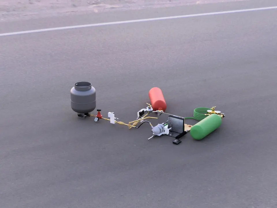 Rendered overview of the test site on asphalt with a propane cylinder, red and green gas cylinders, brass plumbing and the engine on a small panel stand