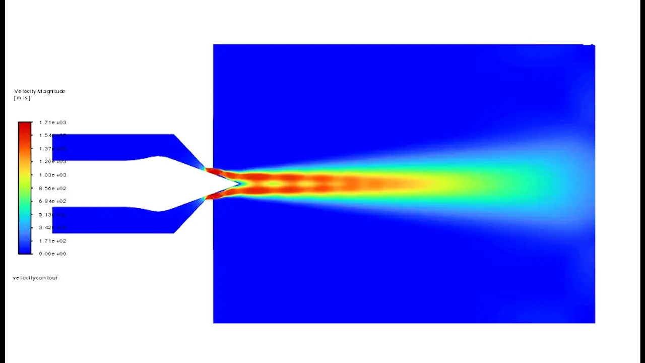 Velocity magnitude contour map of the aerospike exhaust, a narrow red and orange jet with repeating shock cells fading to blue and green downstream